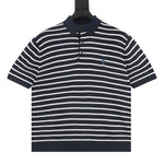 Pony Logo Striped Knitted Polo Shirt Navy/White