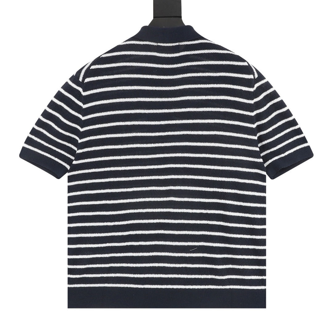 Pony Logo Striped Knitted Polo Shirt Navy/White