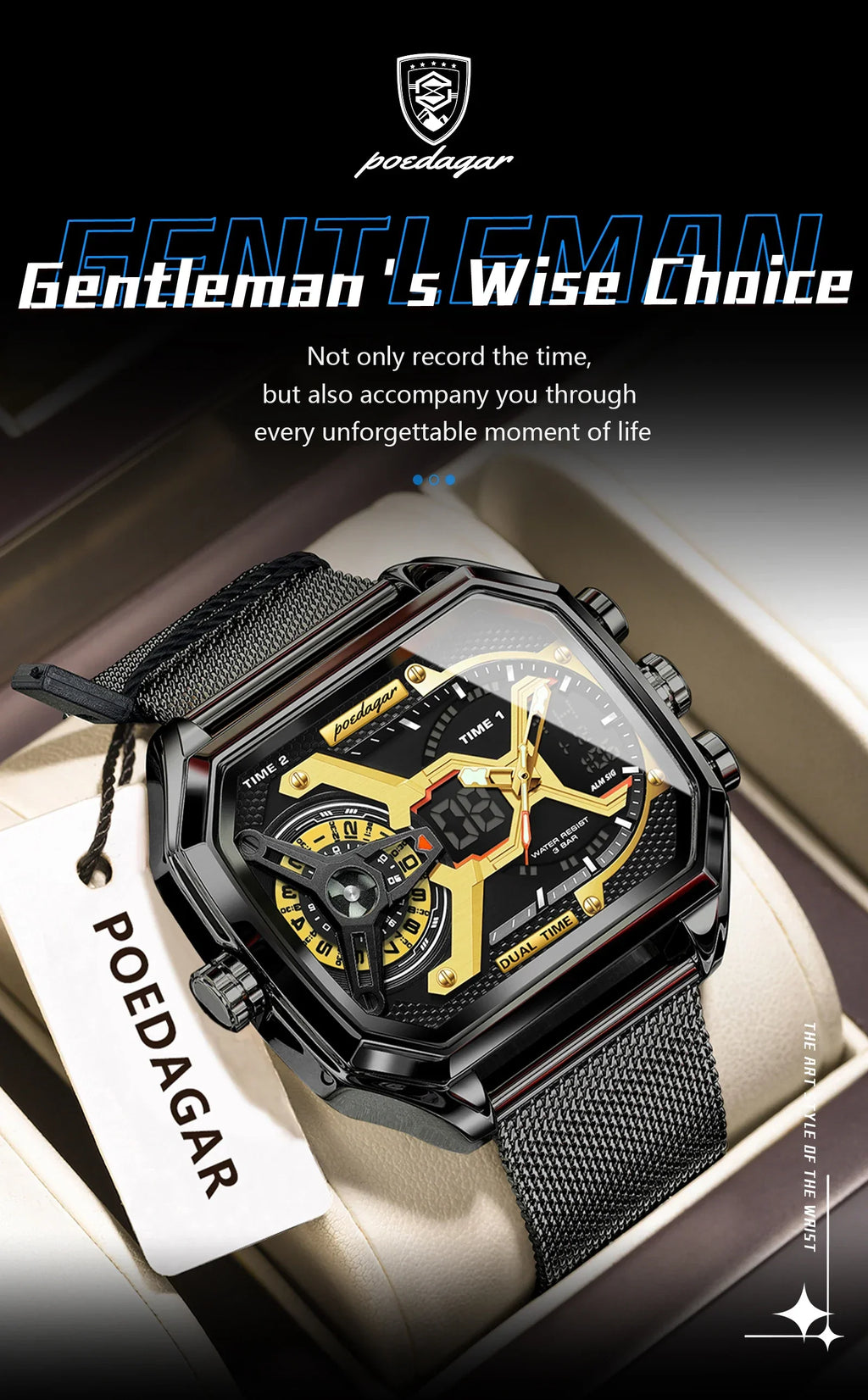 POEDAGAR Tactical Dual Display Chronograph Watch