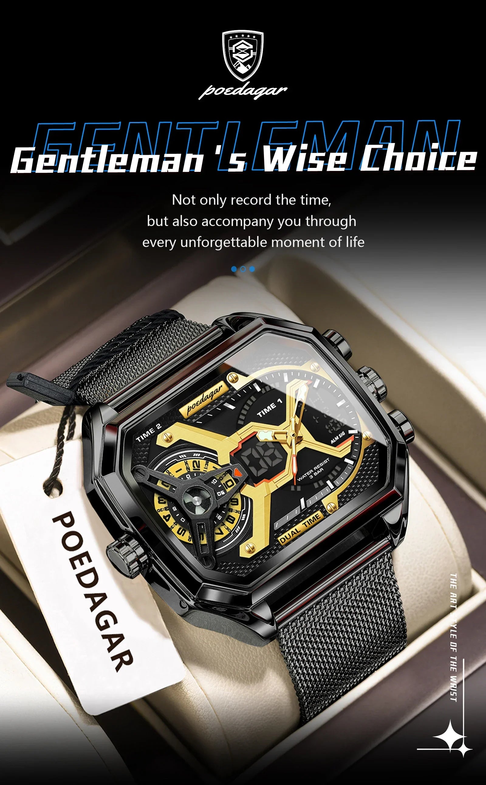 POEDAGAR Tactical Dual Display Chronograph Watch