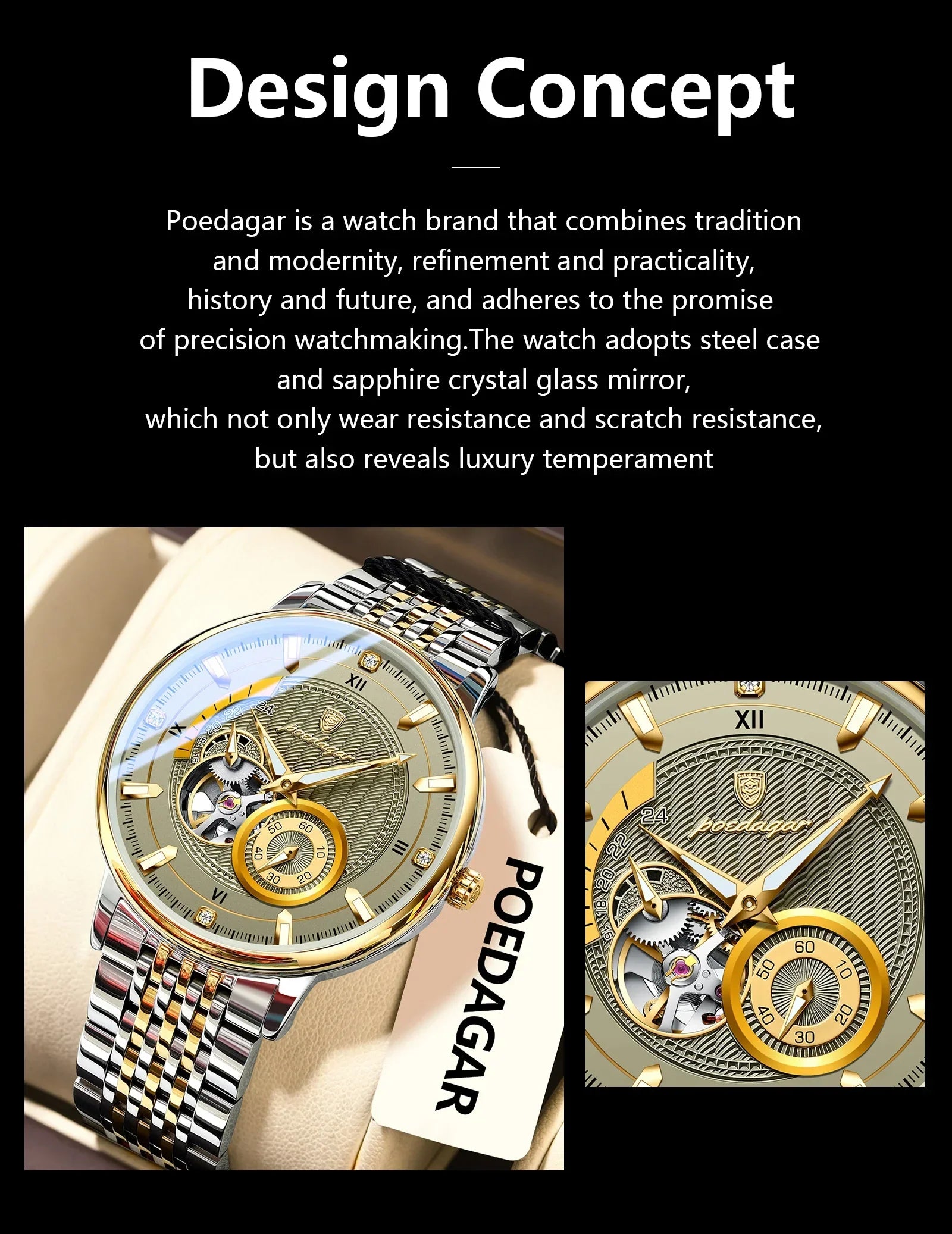 POEDAGAR Prestige Skeleton Automatic Watch
