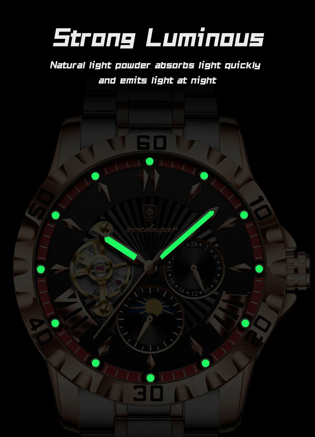 POEDAGAR Prestige Automatic Skeleton Sport Watch