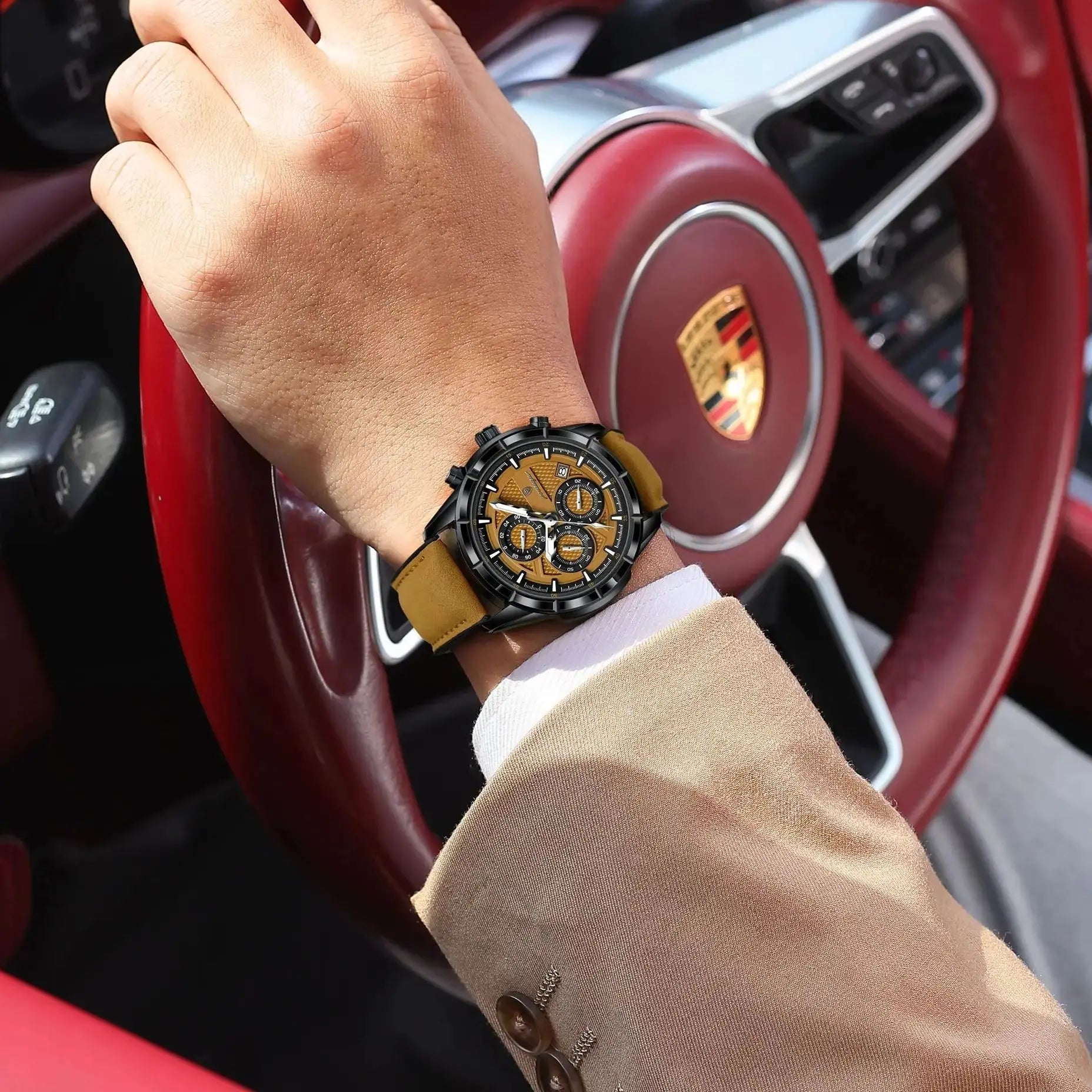 POEDAGAR Vintage Chrono Leather Watch