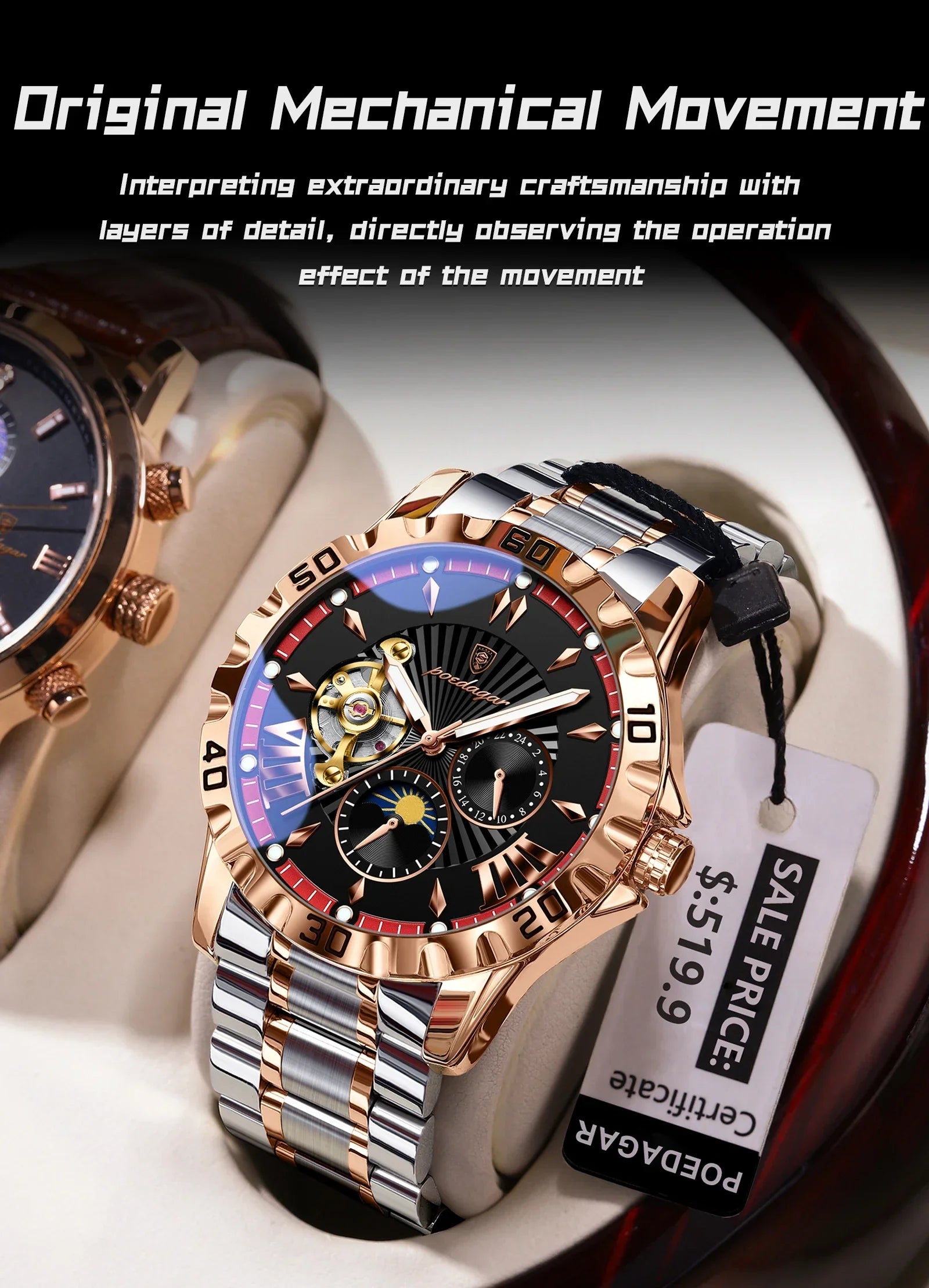 POEDAGAR Prestige Automatic Skeleton Sport Watch