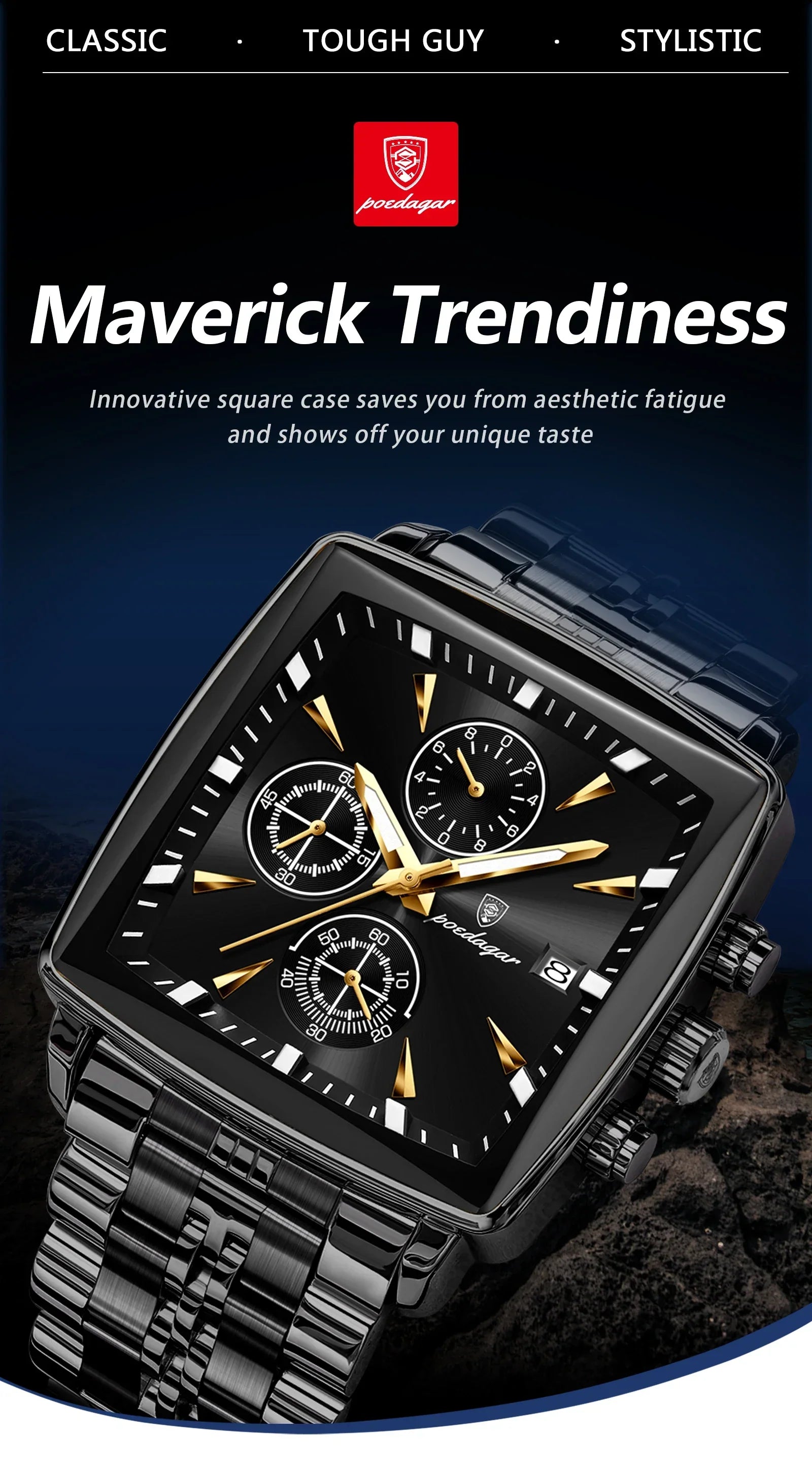 POEDAGAR Square Steel Watch