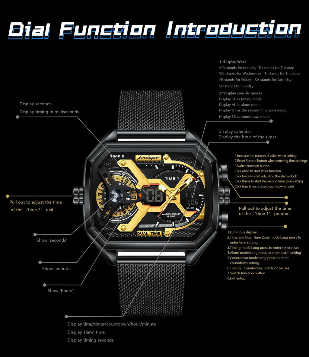 POEDAGAR Tactical Dual Display Chronograph Watch