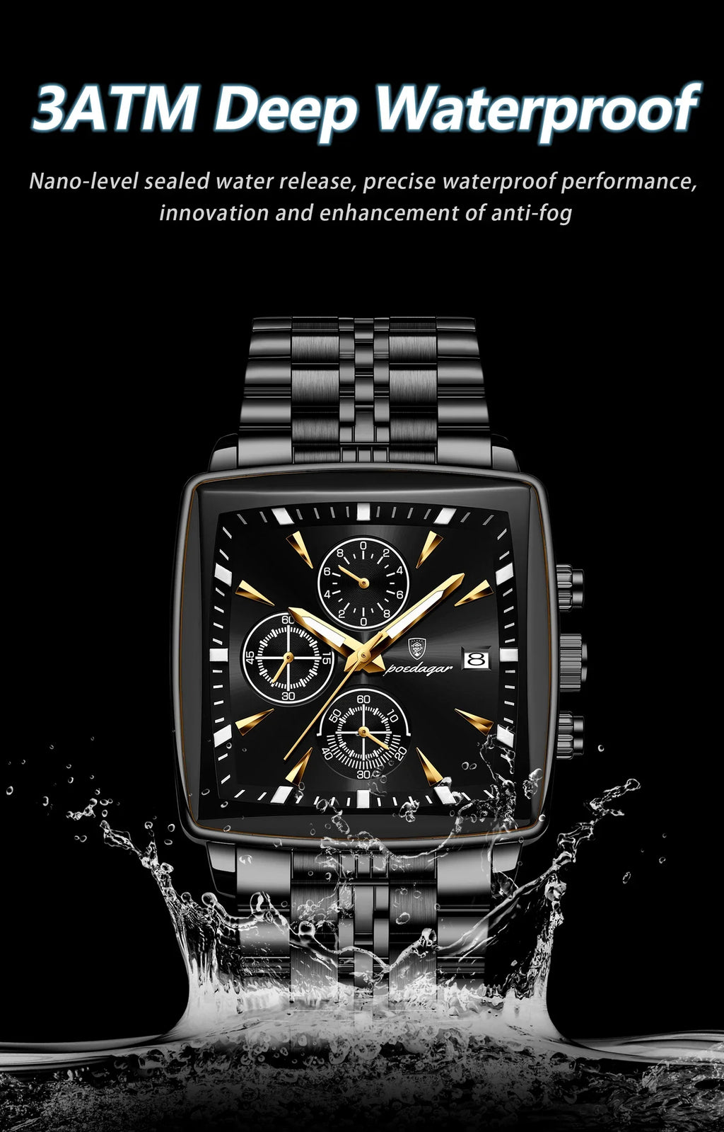 POEDAGAR Square Steel Watch