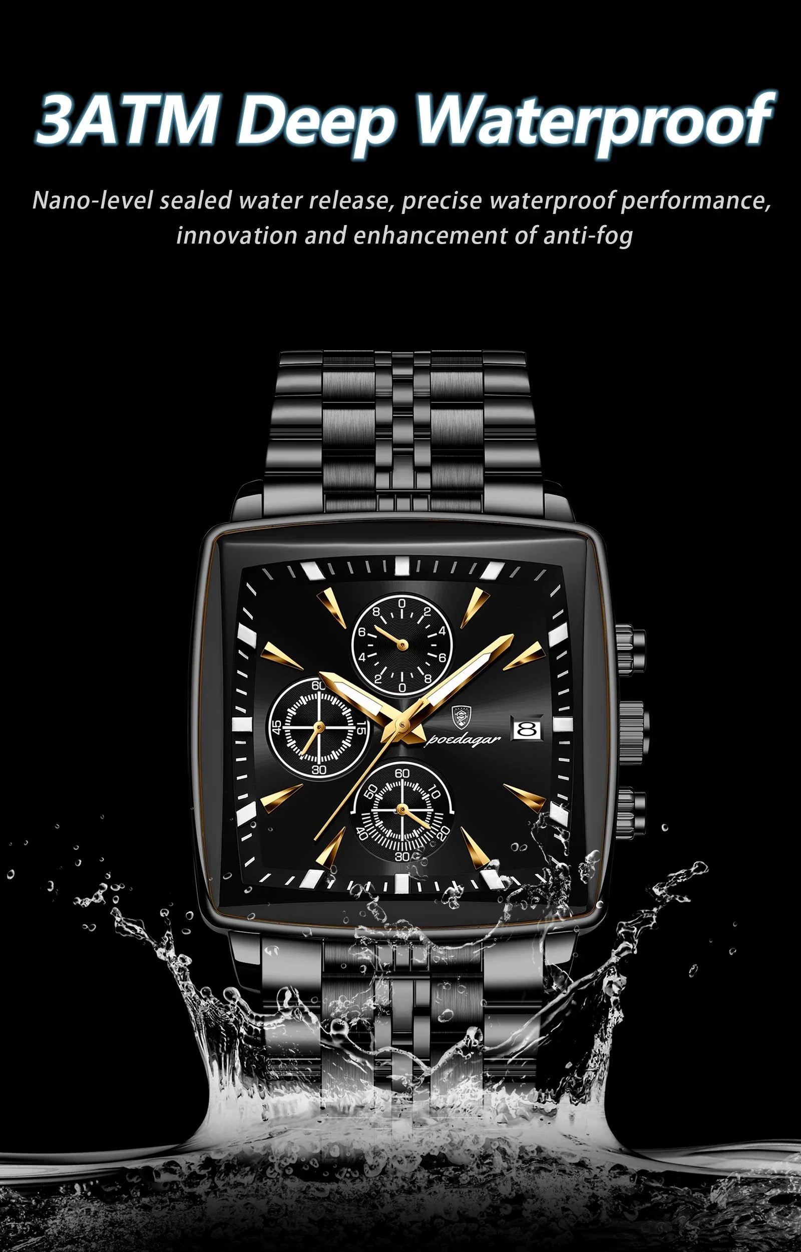 POEDAGAR Square Steel Watch
