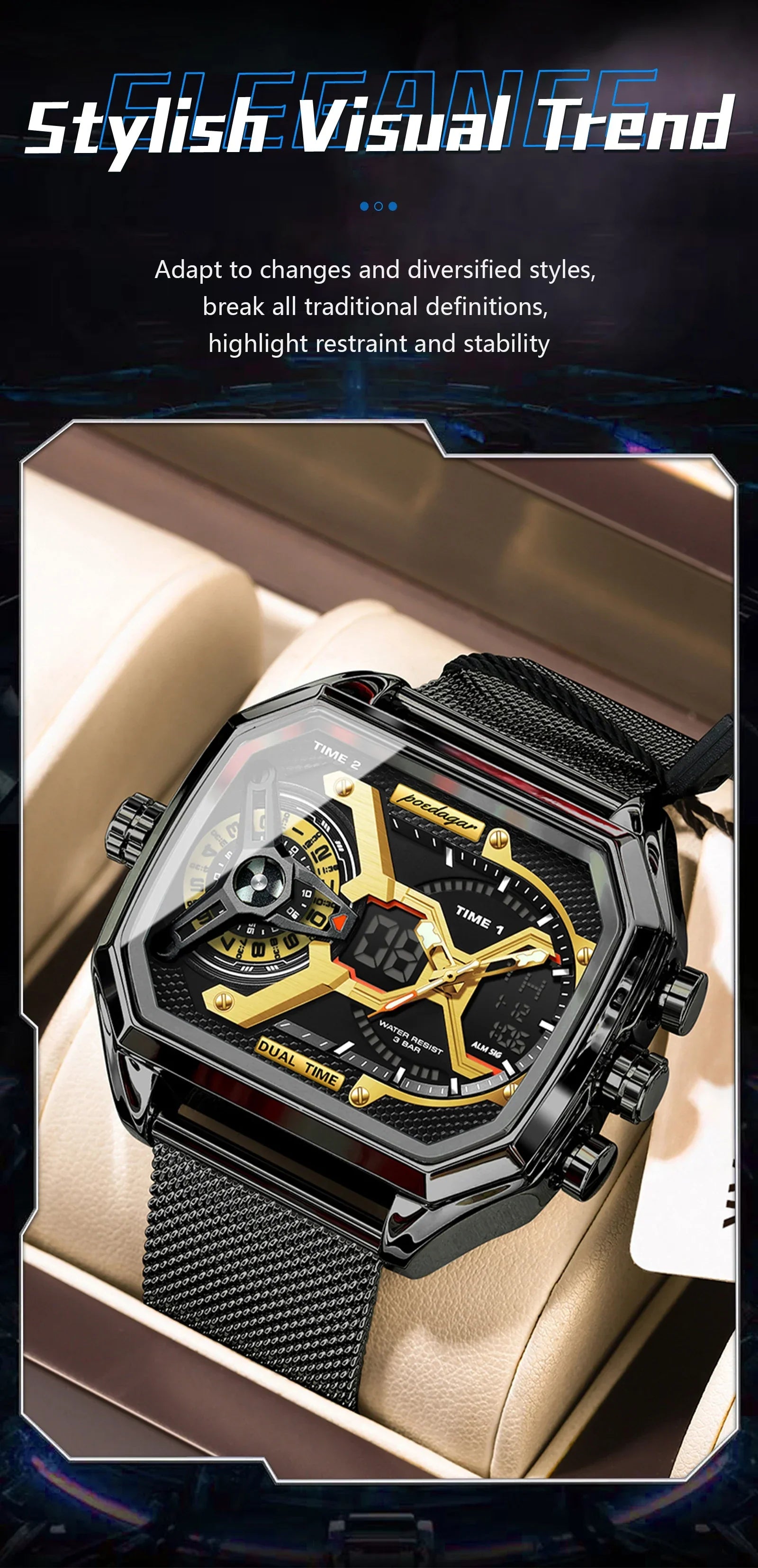 POEDAGAR Tactical Dual Display Chronograph Watch
