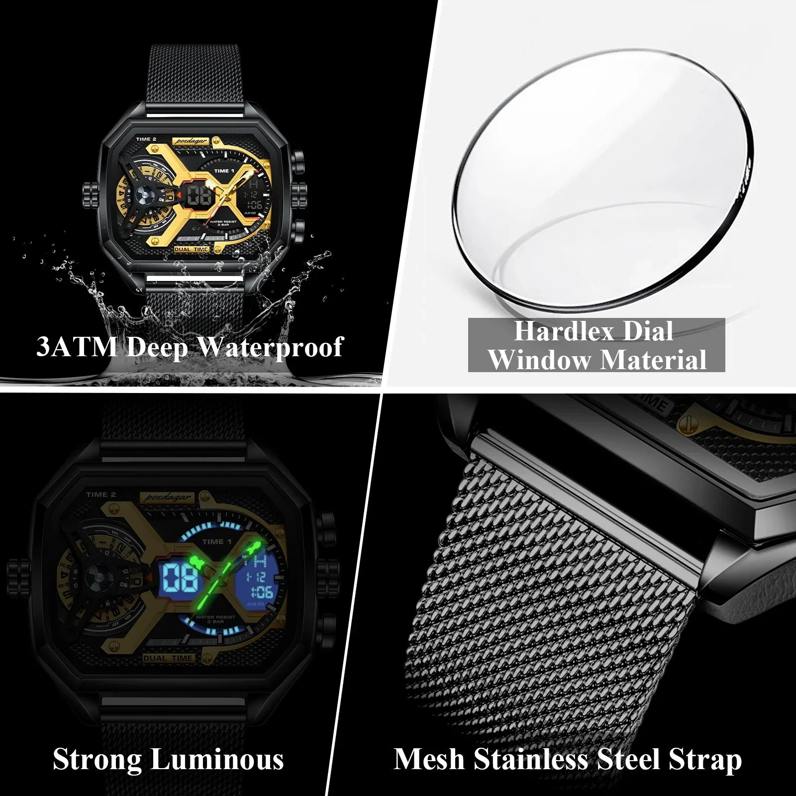 POEDAGAR Tactical Dual Display Chronograph Watch