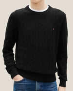 Maglione Girocollo In Lana Intrecciata Con Logo Bandierina Ricamato